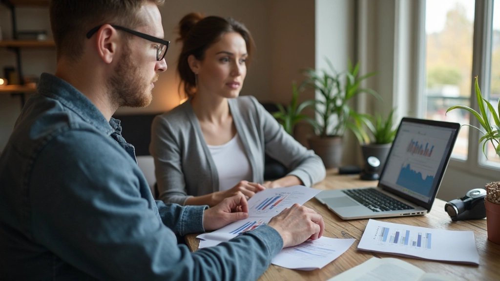 Man en vrouw bekijken samen een budgetoverzicht op een laptop met grafieken en financiële gegevens