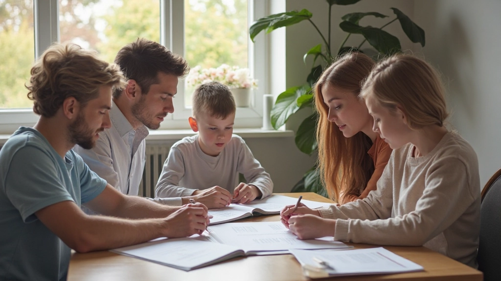 Familie die samen financiële doelen bespreekt rond een tafel met budgetplannen en documenten