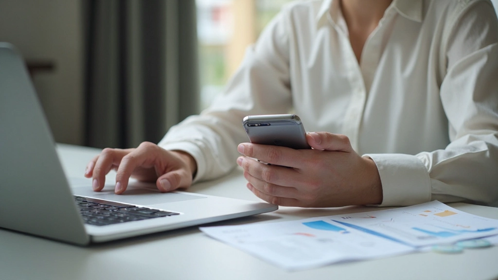 Professionele afbeelding van een persoon die geldtransacties op smartphone volgt met financiële grafieken