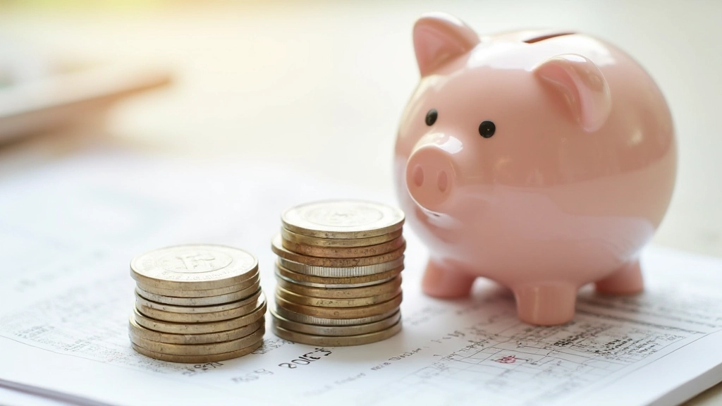 Spaarrekening met munten die stapelen op bankafschriften