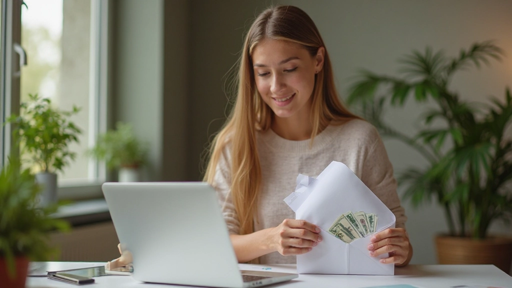 Jonge vrouw die geld bespaart met spaarkaarten en financiële planning